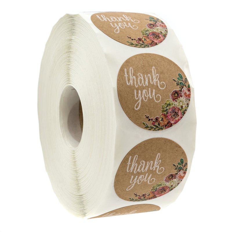 SBlabels Brown Kraft Floral Thank You Stickers / 1000 Thanks Flowers Labels Roll / 1.5" Round Envelope Seals/Made in The USA - Image 1